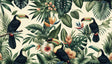 Tropical bird wallpaper with toucans and monstera leaves creating a fresh accent wall in a bright modern living room