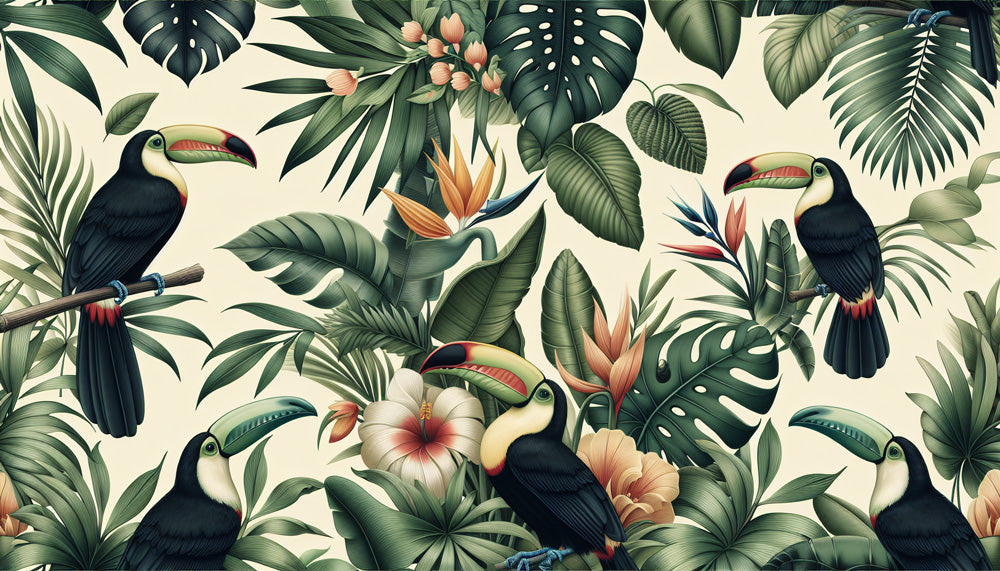 Tropical bird wallpaper with toucans and monstera leaves creating a fresh accent wall in a bright modern living room
