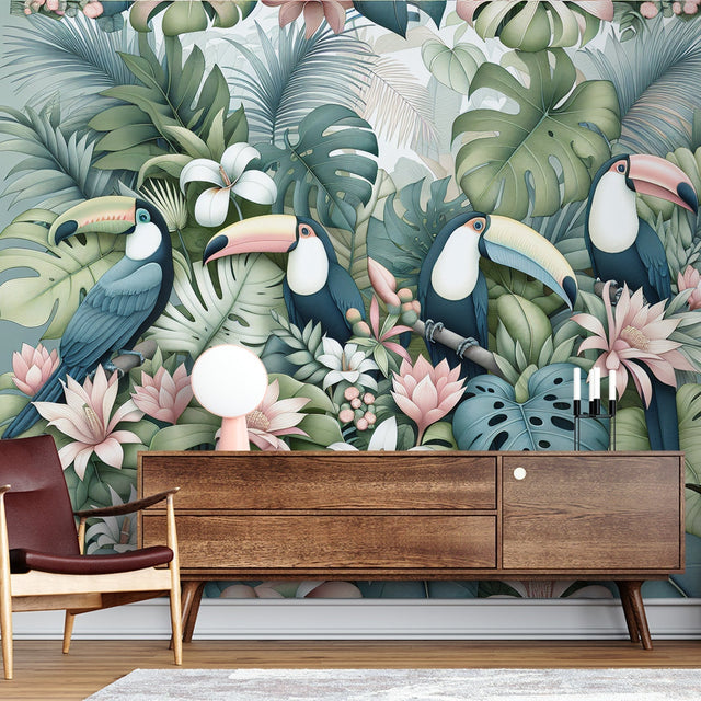 Tropical bird wallpaper with toucans and monstera leaves creating a peaceful atmosphere in a modern living room