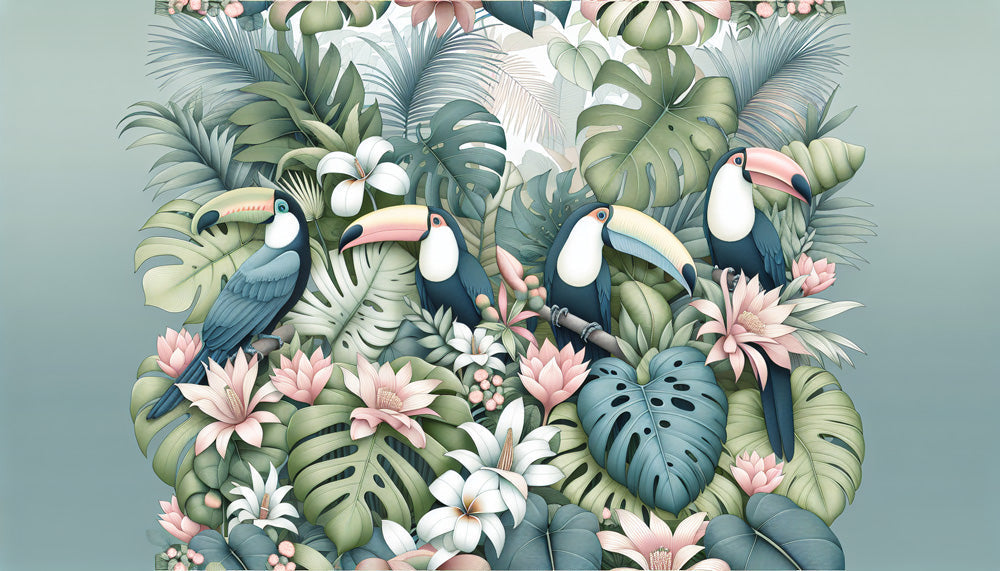 Toucan and monstera leaves design file showing intricate pattern details and true colors