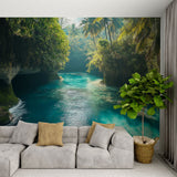 Tropical lagoon paradise wallpaper creating a stunning focal point in a modern living room with natural light