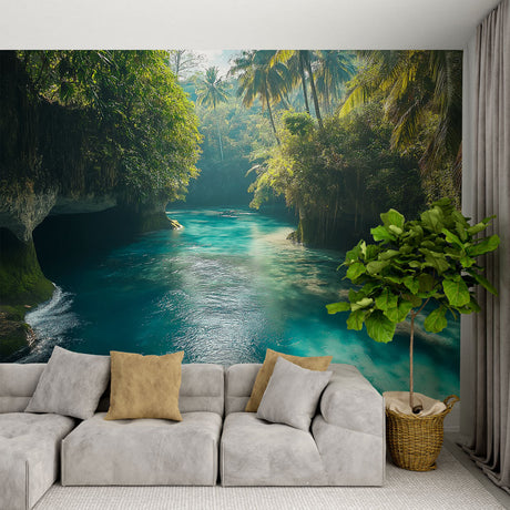 Tropical lagoon paradise wallpaper creating a stunning focal point in a modern living room with natural light