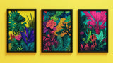 Tropical jungle wallpaper design file showing detailed yellow background with purple and emerald botanical pattern
