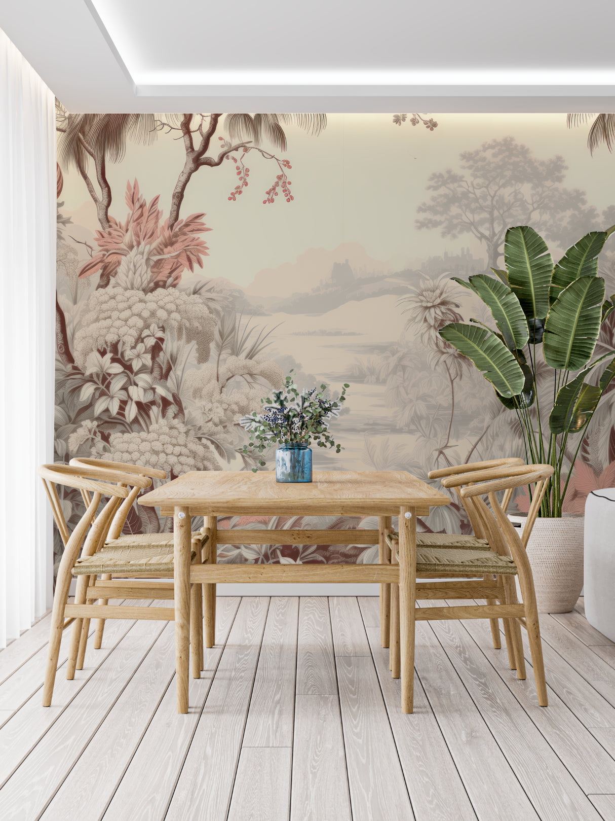 Tropical landscape wallpaper in modern living room showing soft beige palm design creating depth
