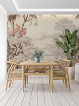 Tropical landscape wallpaper in modern living room showing soft beige palm design creating depth