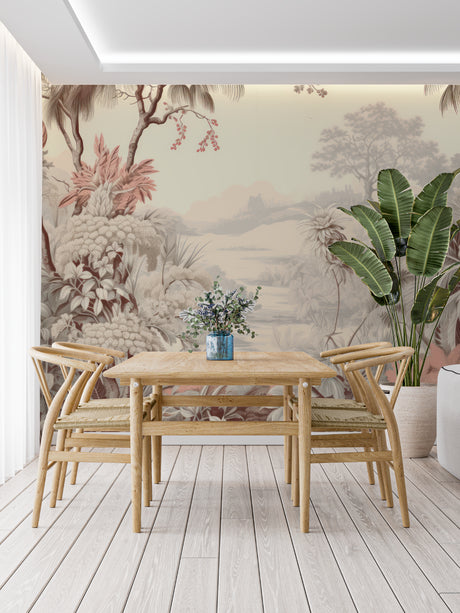 Tropical landscape wallpaper in modern living room showing soft beige palm design creating depth