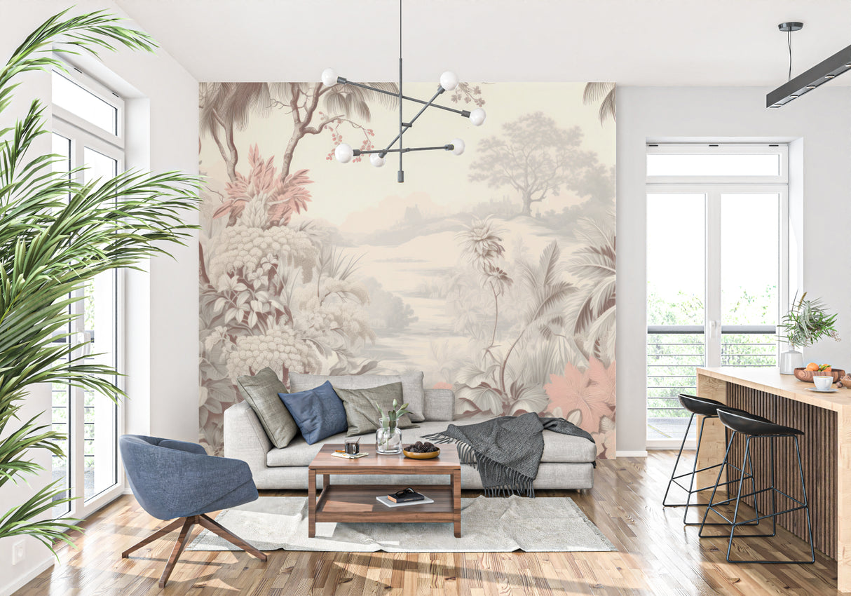 Beige tropical mural wallpaper in bedroom with morning light highlighting vintage details