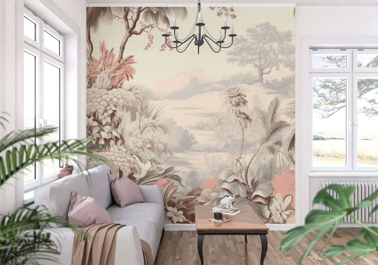 Vintage tropical wallpaper bringing calm to dining room with subtle beige tones