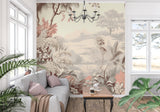 Vintage tropical wallpaper bringing calm to dining room with subtle beige tones