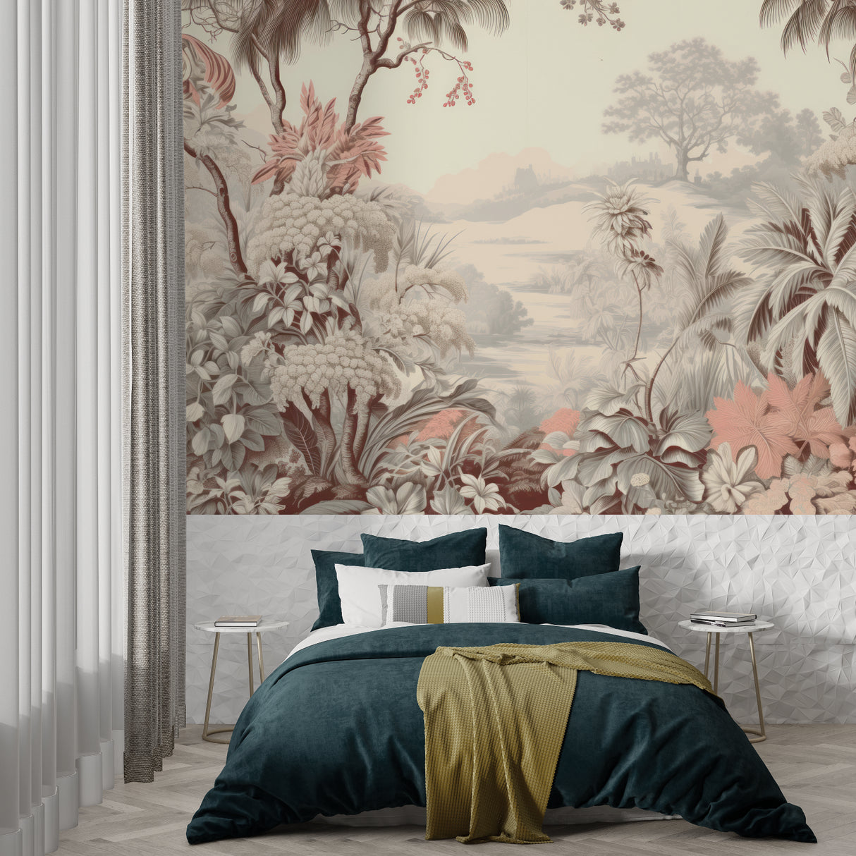 Exotic landscape mural in home office showcasing detailed palm fronds and mountains