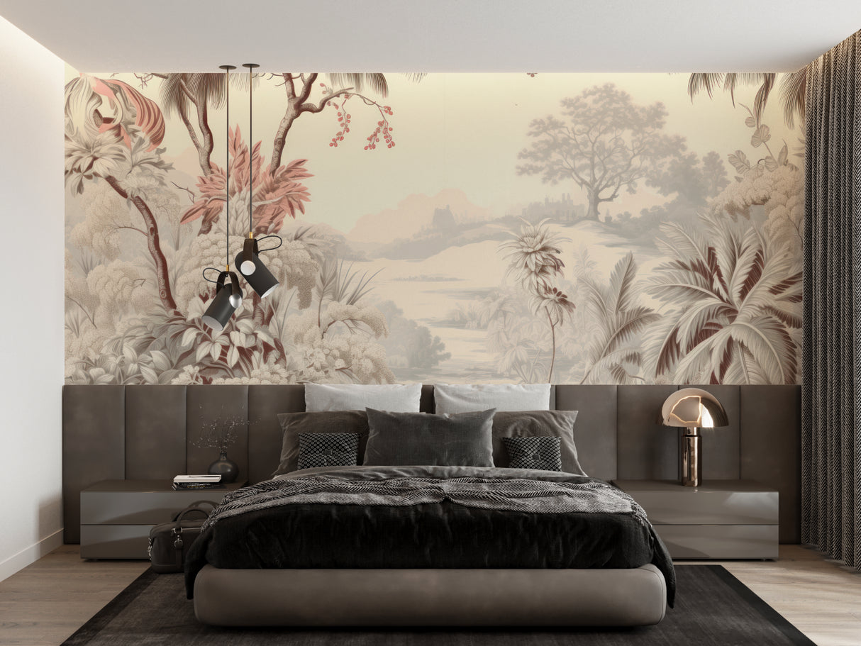 Beige tropical wall mural creating peaceful atmosphere in meditation room
