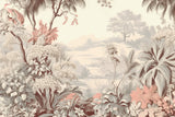 Tropical landscape wallpaper design file showing full pattern with detailed vintage botanical elements