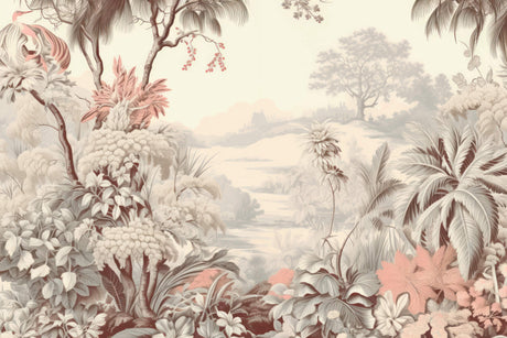 Tropical landscape wallpaper design file showing full pattern with detailed vintage botanical elements