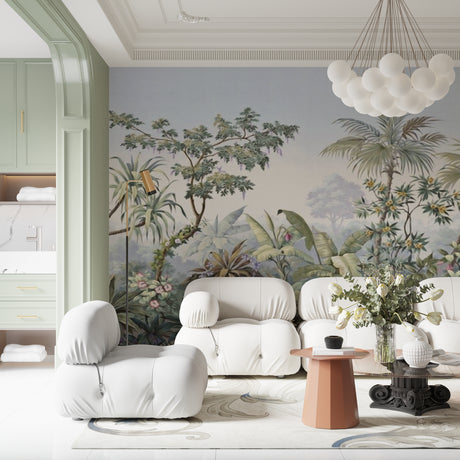 Tropical botanical wallpaper in bright modern living room showing lush palm fronds and delicate pink blooms