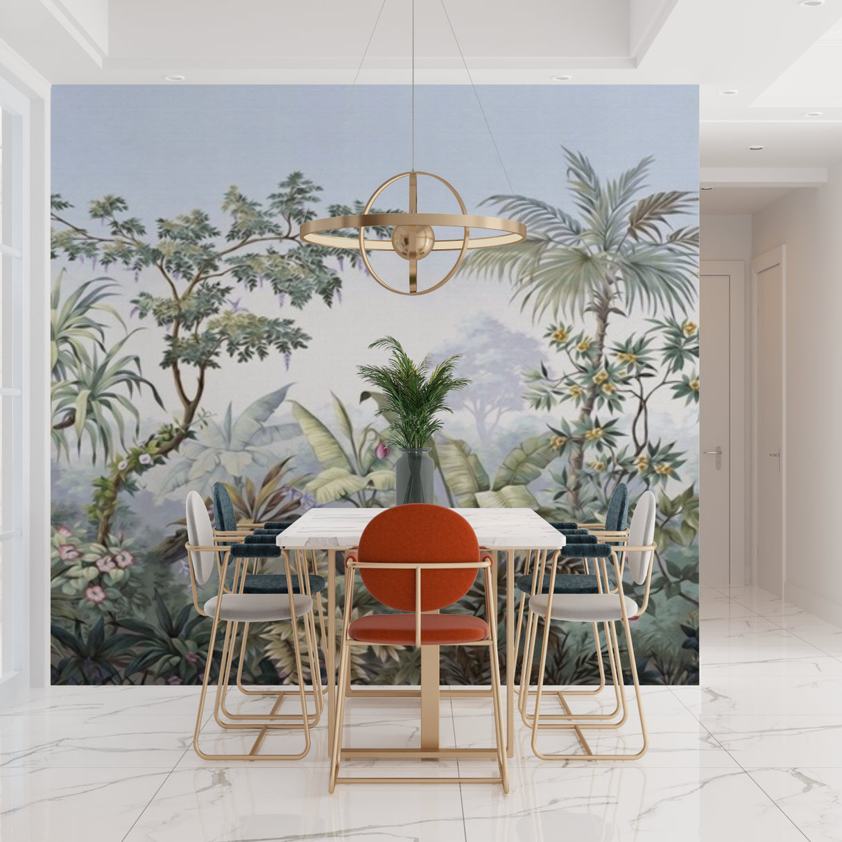 Vintage botanical paradise mural creating calm atmosphere in master bedroom