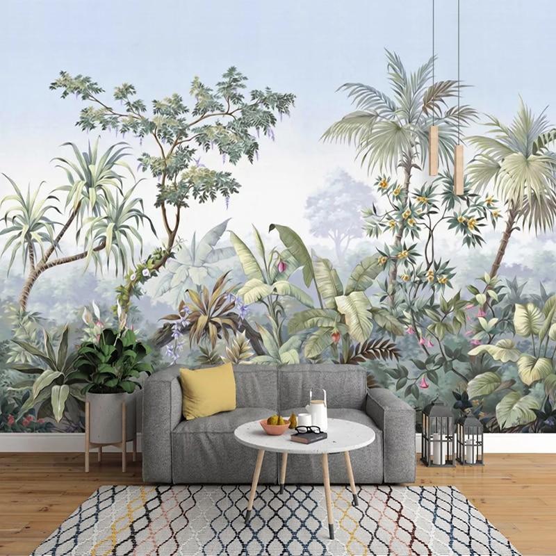 Botanical wall mural adding depth to home office with soft green and pink tones
