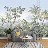 Botanical wall mural adding depth to home office with soft green and pink tones