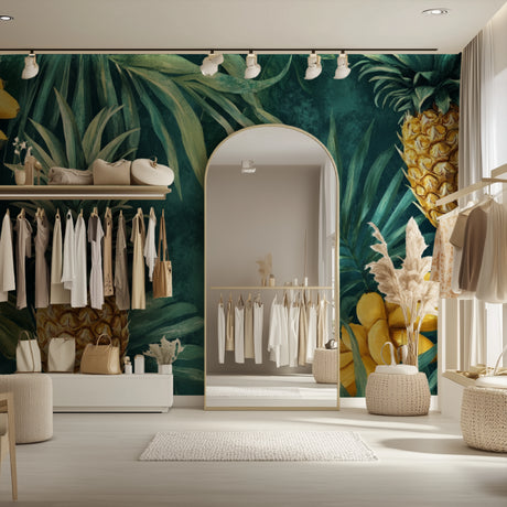 Tropical leaf wallpaper with golden pineapples creating a luxurious atmosphere in a modern living room