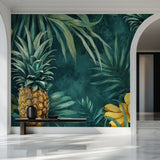 Tropical palm wallpaper transforming a home office into an exotic retreat