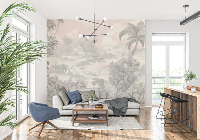 Tropical palm tree wallpaper mural creating a peaceful atmosphere in a modern living room