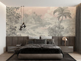 Beige palm tree mural wallpaper adding warmth to a master bedroom