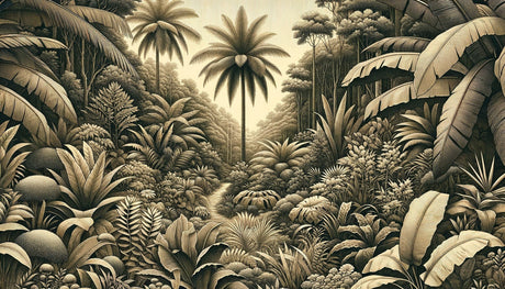 Vintage tropical wallpaper adding warmth to a minimalist bedroom interior