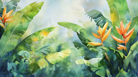 Design file showing detailed watercolor pattern of banana leaves and bird of paradise flowers