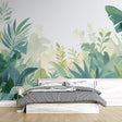 Tropical leaf wallpaper creating a calm atmosphere in a modern living room with natural light