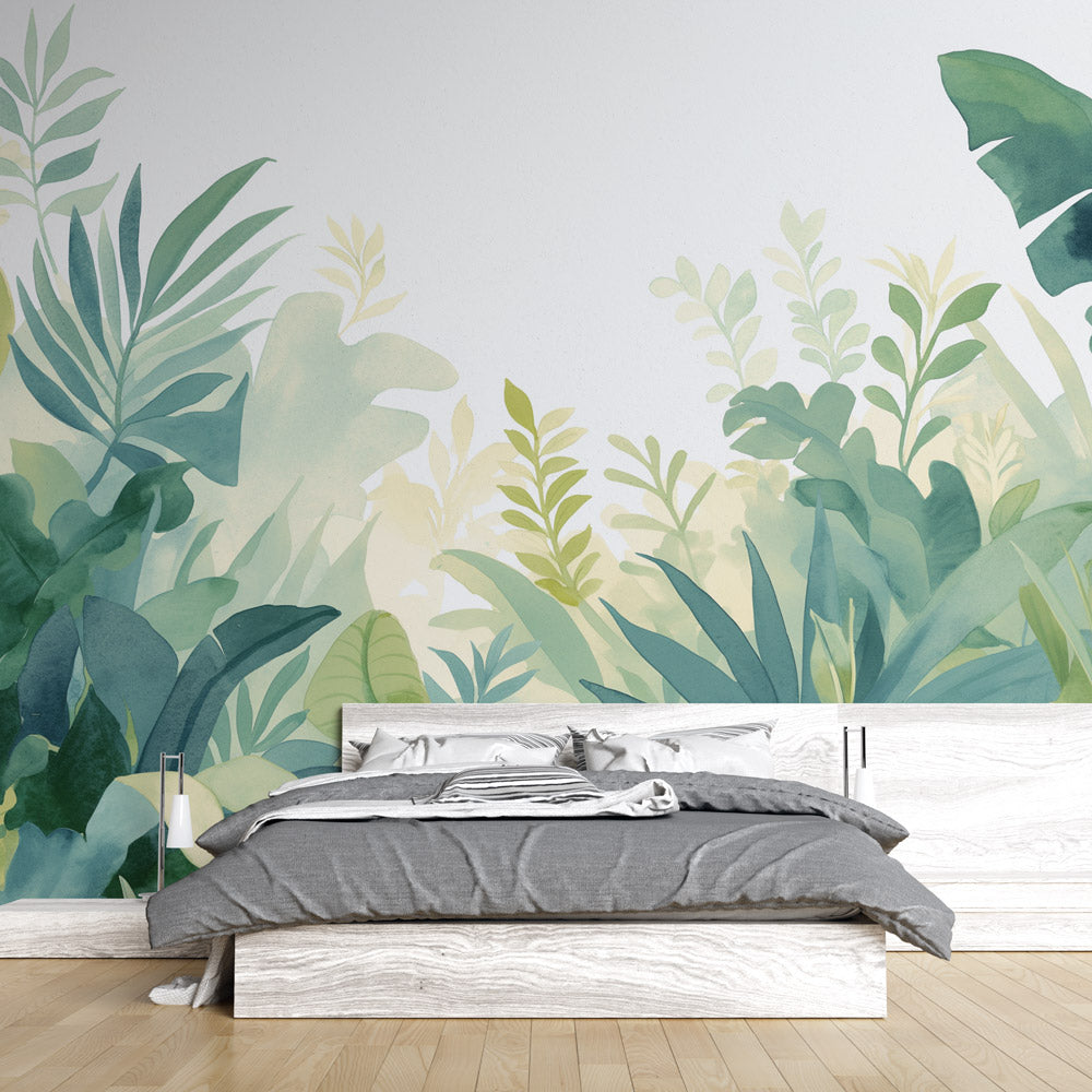 Tropical leaf wallpaper creating a calm atmosphere in a modern living room with natural light