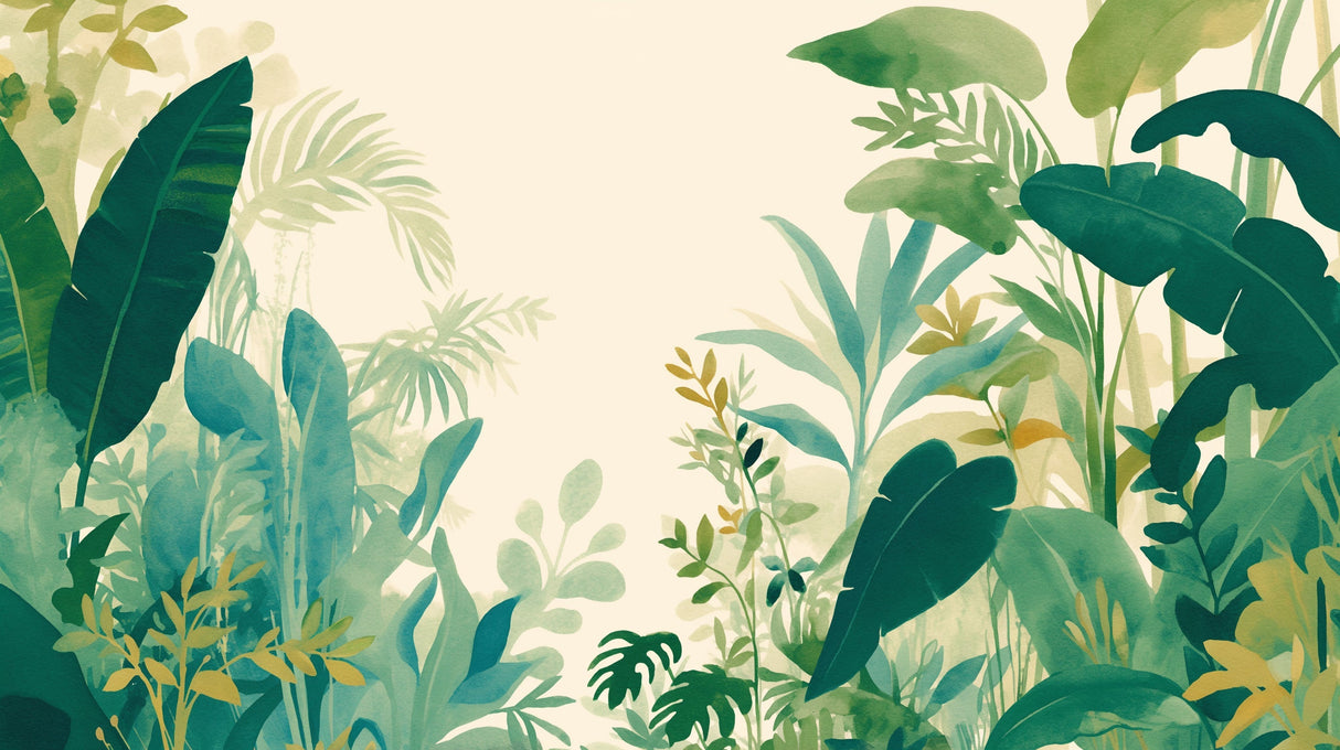 Tropical wallpaper mural with watercolor botanicals in a bright modern living room setting