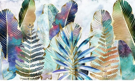 Design file of watercolor feathers and ferns pattern showing intricate details and rich color palette