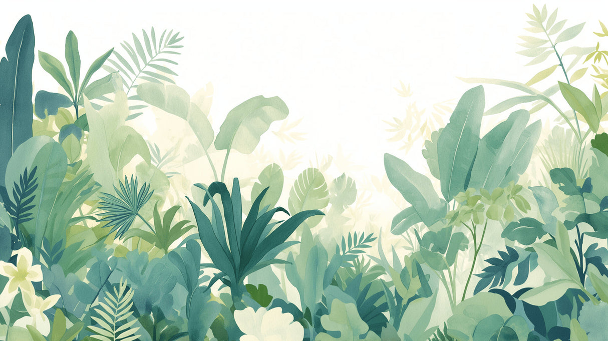 Watercolor jungle mural bringing fresh energy to a peaceful bedroom setting