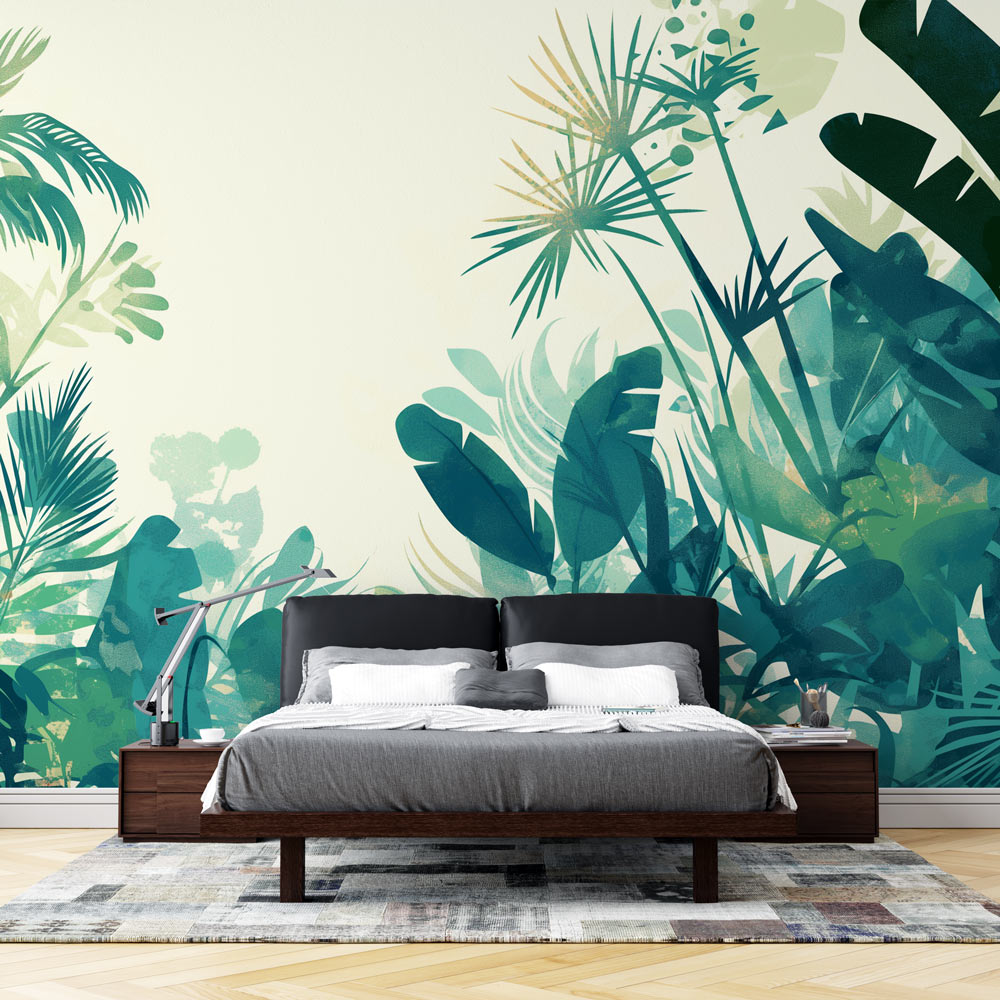 Tropical leaf wallpaper creating a fresh atmosphere in a modern living room with natural light