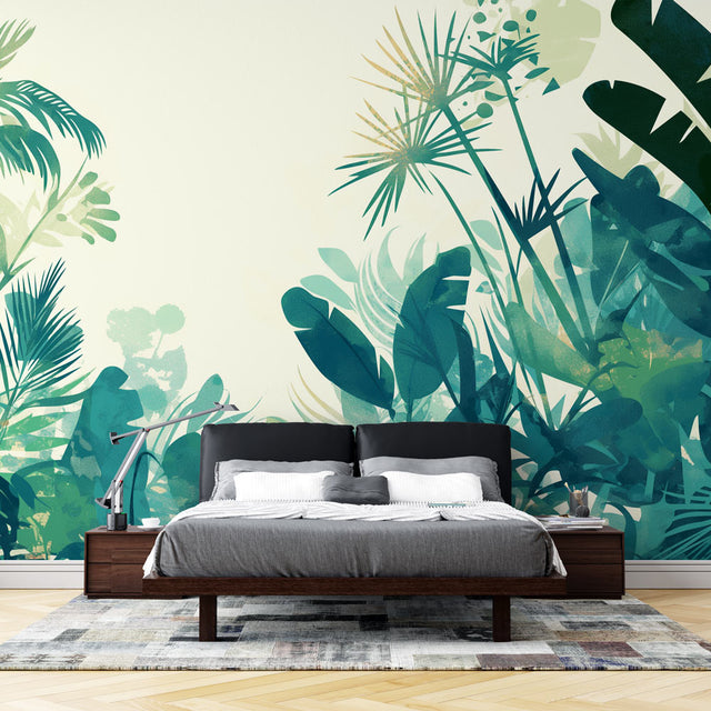 Tropical leaf wallpaper creating a fresh atmosphere in a modern living room with natural light