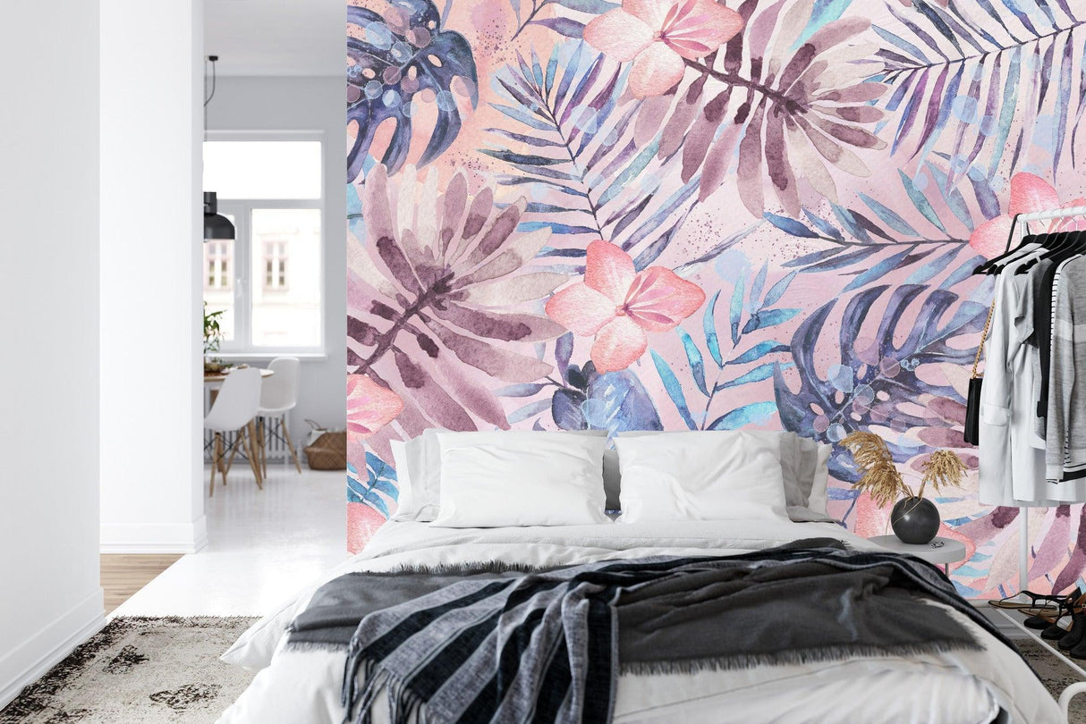 Tropical flower wallpaper bringing nature into a dining room setting