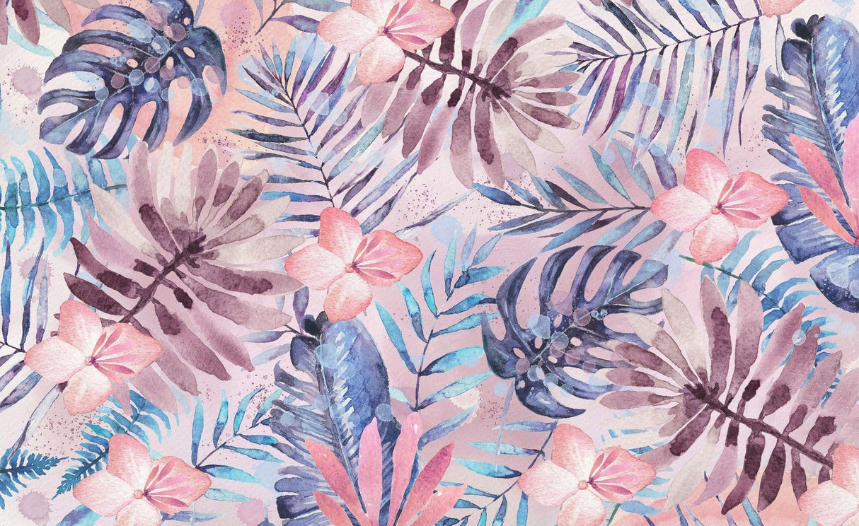 Design file of watercolor monstera and pink flowers pattern showing exact colors and details
