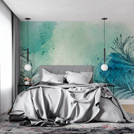 Tropical palm leaf wallpaper creating a serene atmosphere in a modern living room with natural light