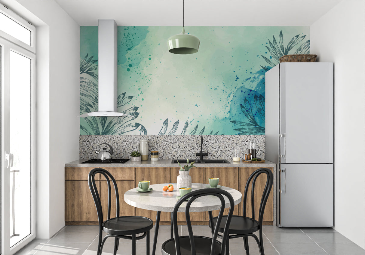 Watercolor palm leaf mural brightening a coastal-style bedroom with turquoise accents