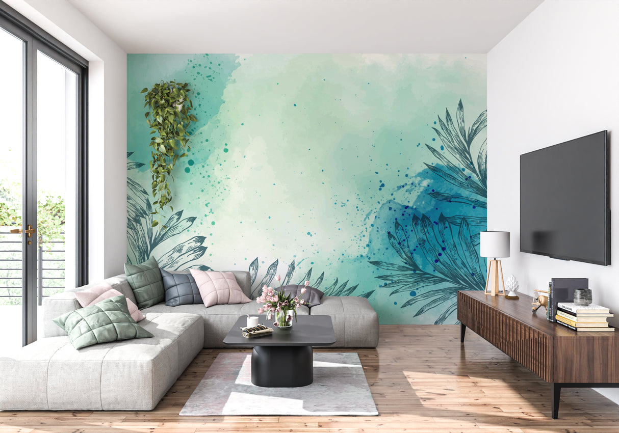 Turquoise palm wallpaper adding fresh energy to a home office space