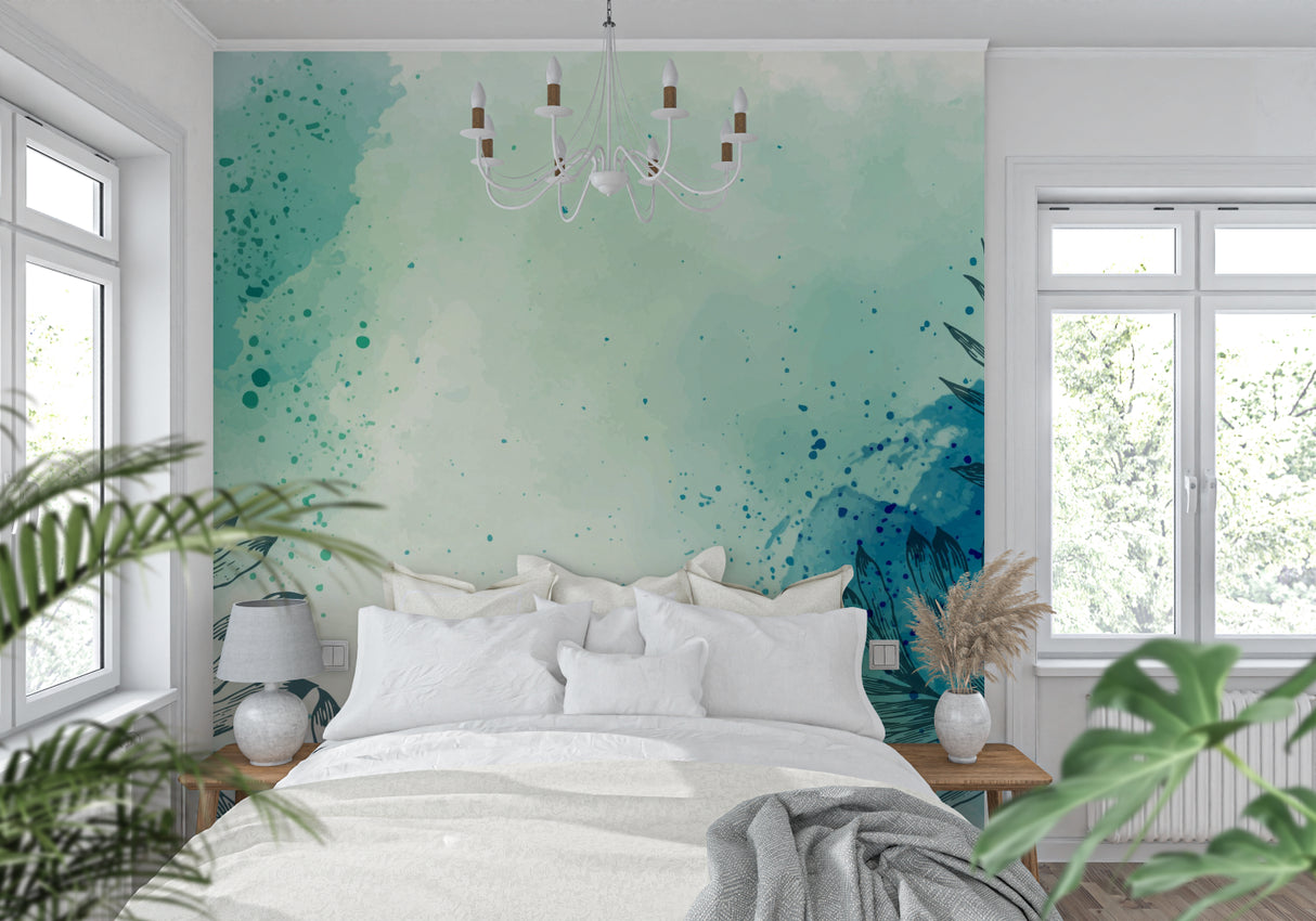 Botanical wall mural transforming a dining room with gentle palm leaf patterns