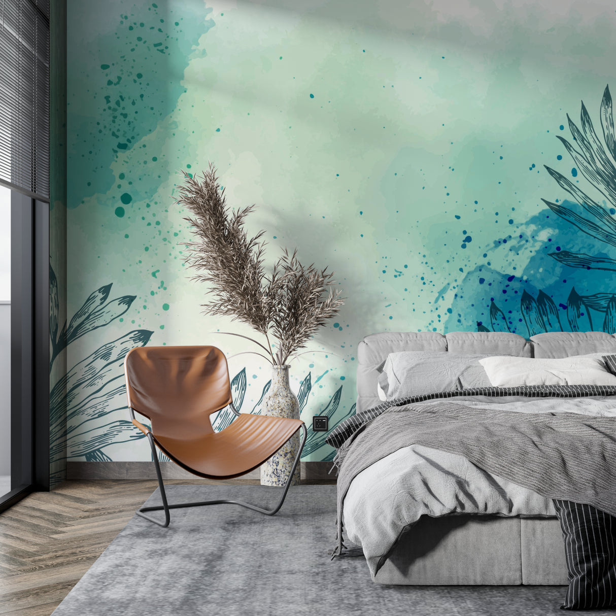 Palm leaf wallpaper creating a spa-like feel in a modern bathroom