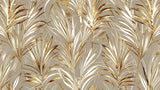Design file of white palm leaves with metallic gold accents on grey background