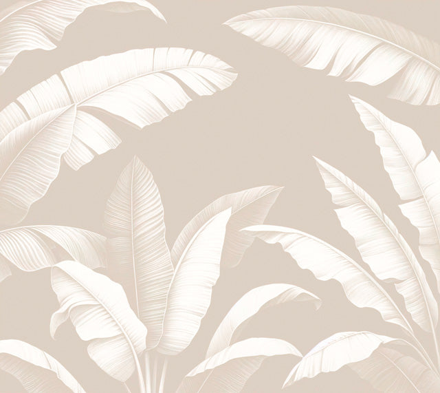 White banana leaves on beige wallpaper design file showing detailed leaf pattern and texture