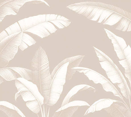 White banana leaves on beige wallpaper design file showing detailed leaf pattern and texture