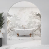 Tropical Palm Leaf Wallpaper adding sophistication to a minimalist bedroom with natural light