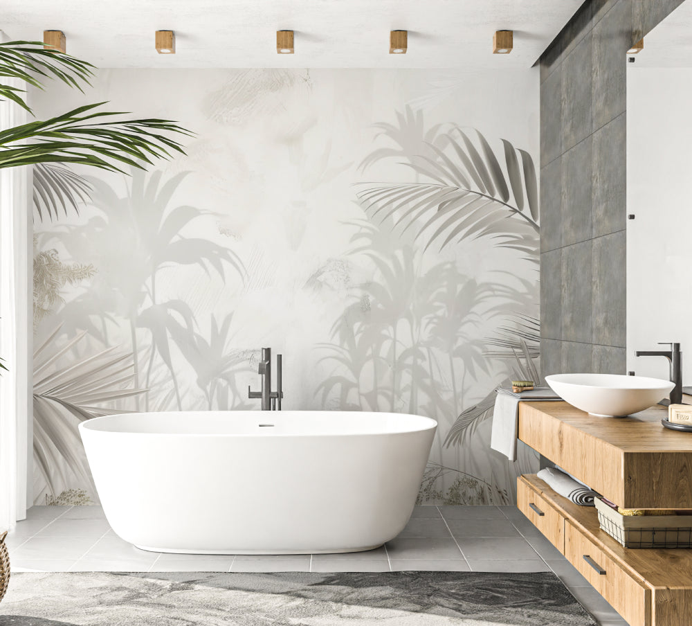 Tropical White Palm Mural creating an elegant dining room accent wall