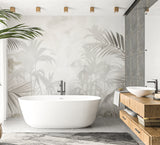 Tropical White Palm Mural creating an elegant dining room accent wall