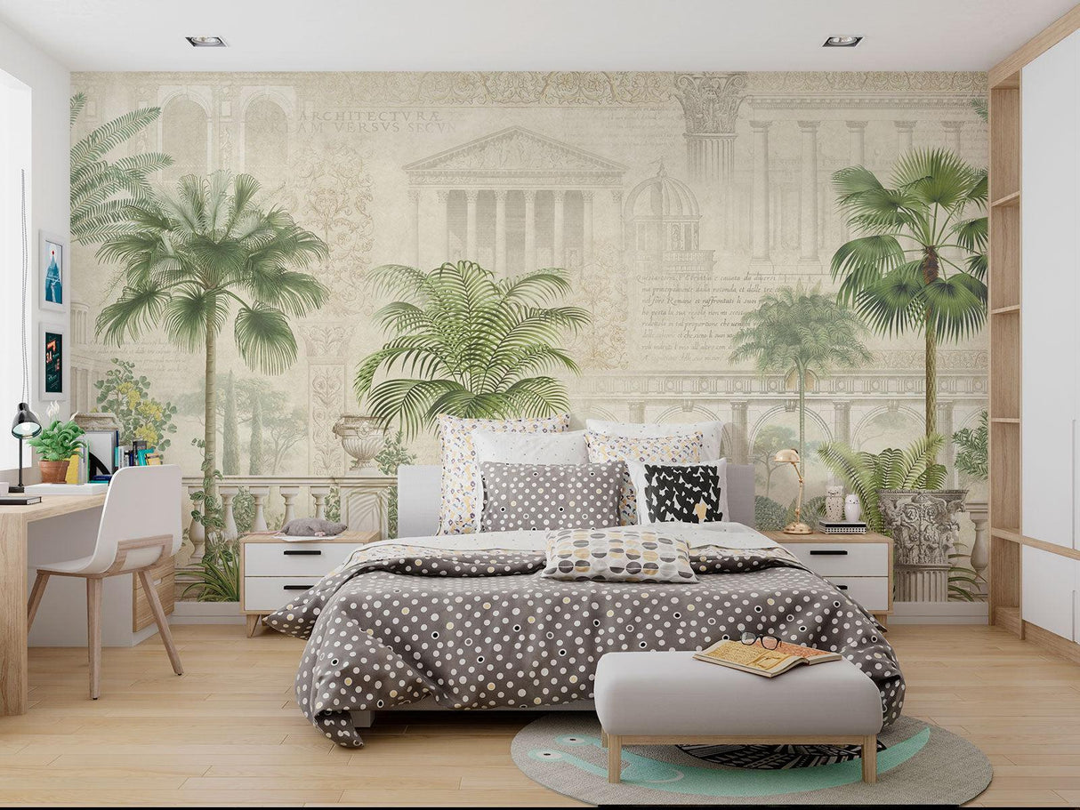 Architectural tropical wallpaper enhancing restaurant ambiance