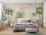 Architectural tropical wallpaper enhancing restaurant ambiance