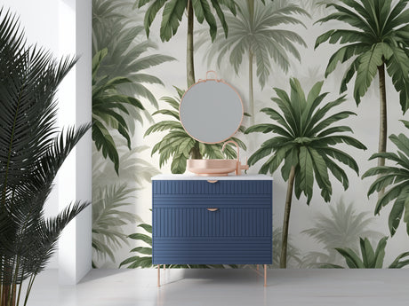 Tropical palm mural wallpaper creating a luxurious atmosphere in a modern living room with white furniture